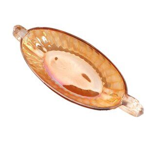 Vintage Iridescent Amber Carnival Glass Oval Ribbed Serving Dish with Handles